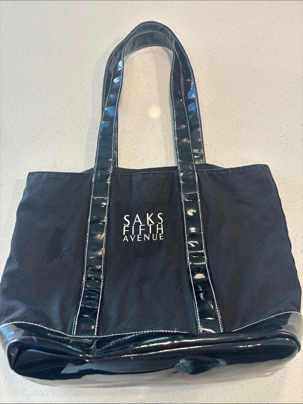 Saks Fifth Avenue Black Canvas Tote with Patent Trim